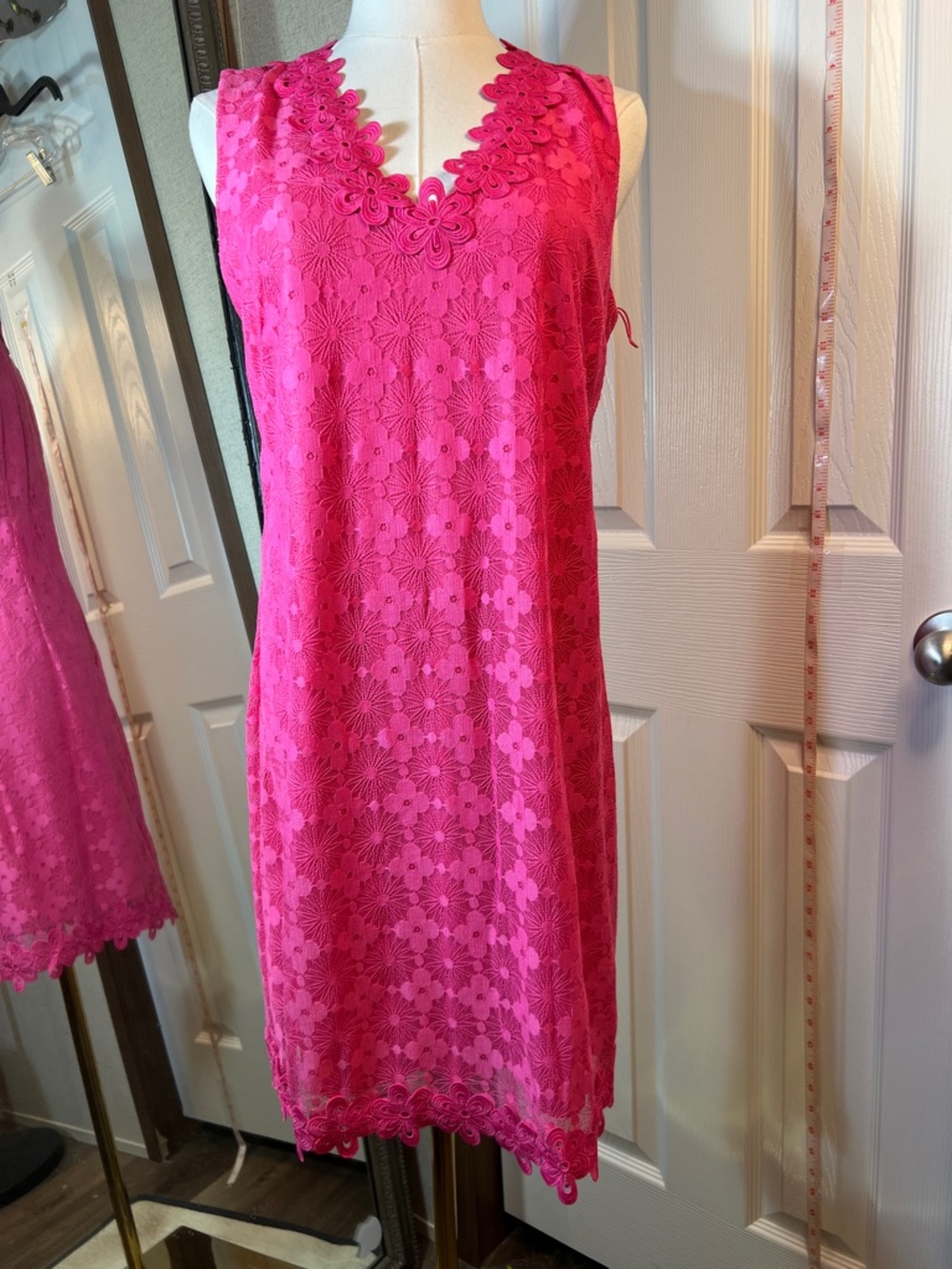 London Times Hot Pink Floral Lace Asymmetrical Dress